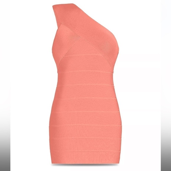 Herve Leger Coral Peach Single 1 One Shoulder Strap bodycon bandage mini dress - Picture 4 of 5